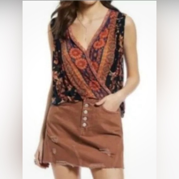 WE THE FREE People Bronze Distressed Denim Jean Mini Skirt Raw Hem Orange Rust - Picture 12 of 12